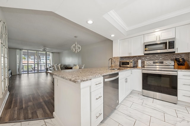 911 Gardenia Dr Unit 252, Delray Beach, FL 33483 - kitchen with appliances with stainless steel finishes, a sink, a peninsula, ornamental molding, and open floor plan