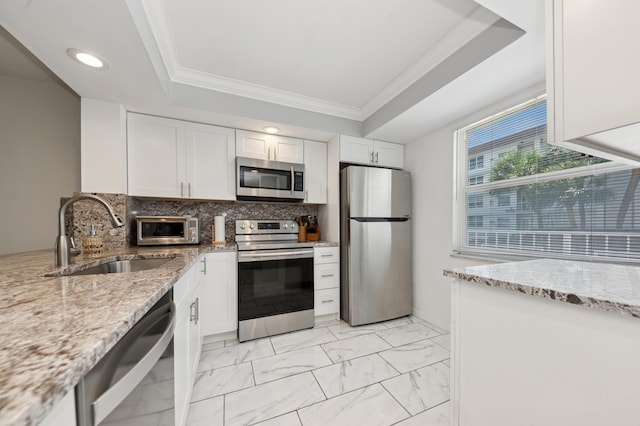 911 Gardenia Dr Unit 252, Delray Beach, FL 33483 - kitchen with appliances with stainless steel finishes, a sink, a raised ceiling, ornamental molding, and white cabinets