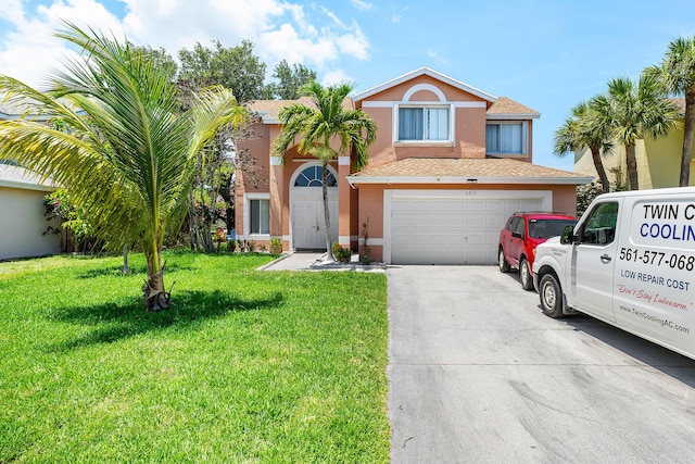 6815 Farragut Ln, Boynton Beach, FL 33437 - view of front facade featuring stucco siding, driveway, a front yard, and an attached garage