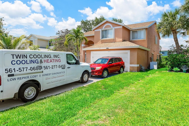 6815 Farragut Ln, Boynton Beach, FL 33437 - view of property with stucco siding, a front lawn, a shingled roof, and central AC unit