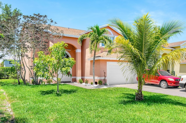 6815 Farragut Ln, Boynton Beach, FL 33437 - view of front facade featuring stucco siding, driveway, a front yard, and a garage