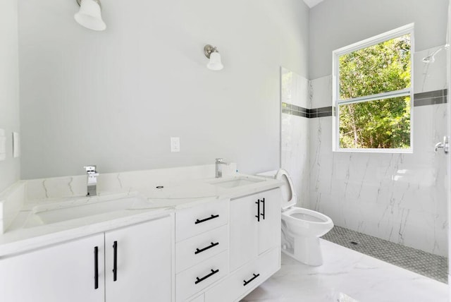 675 NE Moss Rose Pl, Port Saint Lucie, FL 34983 - full bath featuring a marble finish shower, toilet, marble finish flooring, and double vanity
