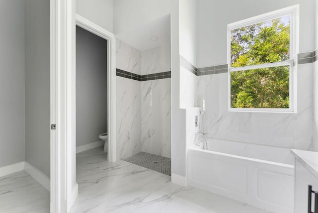 675 NE Moss Rose Pl, Port Saint Lucie, FL 34983 - bathroom with a bath, marble finish flooring, a marble finish shower, and toilet