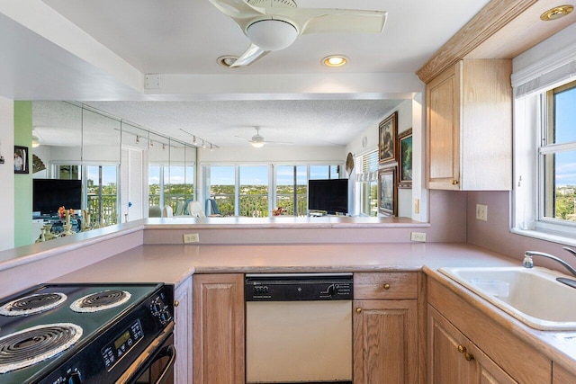2611 N Riverside Dr Unit 908, Pompano Beach, FL 33062 - kitchen with white dishwasher, black electric range oven, a sink, light countertops, and a textured ceiling