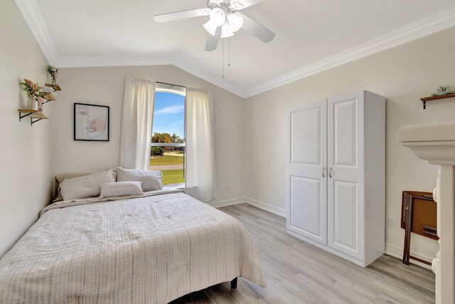 401 SE Ron Rico Ter, Port Saint Lucie, FL 34983 - bedroom with light wood-type flooring, lofted ceiling, ornamental molding, a ceiling fan, and baseboards