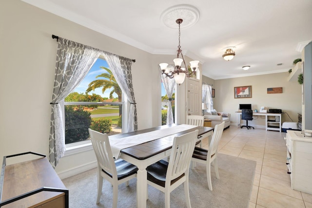 401 SE Ron Rico Ter, Port Saint Lucie, FL 34983 - dining space featuring a chandelier, ornamental molding, healthy amount of natural light, an office area, and light tile patterned floors