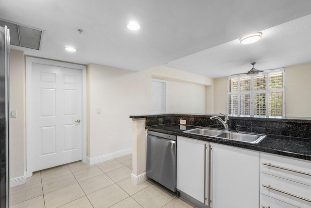 610 Clematis St Unit 236, West Palm Beach, FL 33401 - kitchen with stainless steel dishwasher, a sink, a ceiling fan, baseboards, and light tile patterned flooring