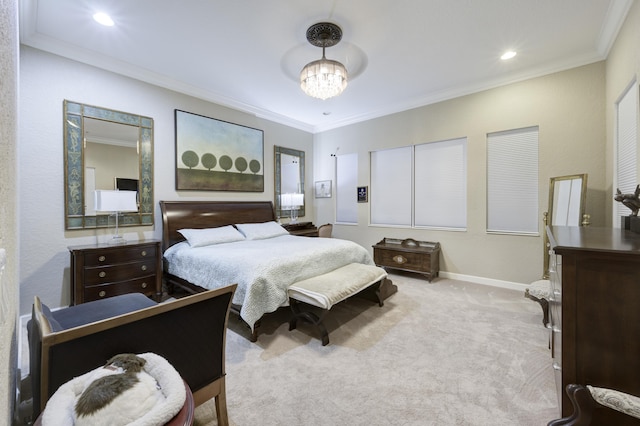 1081 Vintner Blvd, Palm Beach Gardens, FL 33410 - carpeted bedroom featuring ornamental molding, a chandelier, baseboards, and recessed lighting