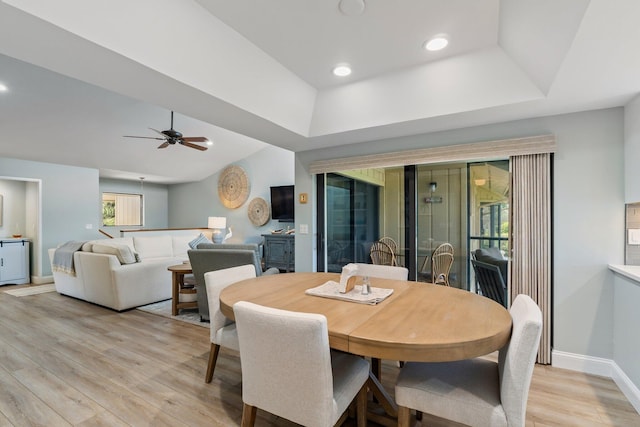 17166 Waterbend Dr Unit 210, Jupiter, FL 33477 - dining space featuring light wood-style flooring, a raised ceiling, ceiling fan, baseboards, and recessed lighting