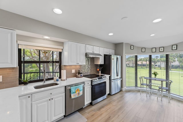 17166 Waterbend Dr Unit 210, Jupiter, FL 33477 - kitchen with appliances with stainless steel finishes, a sink, under cabinet range hood, white cabinets, and recessed lighting