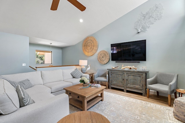 17166 Waterbend Dr Unit 210, Jupiter, FL 33477 - living room featuring a ceiling fan, wood finished floors, vaulted ceiling, and recessed lighting