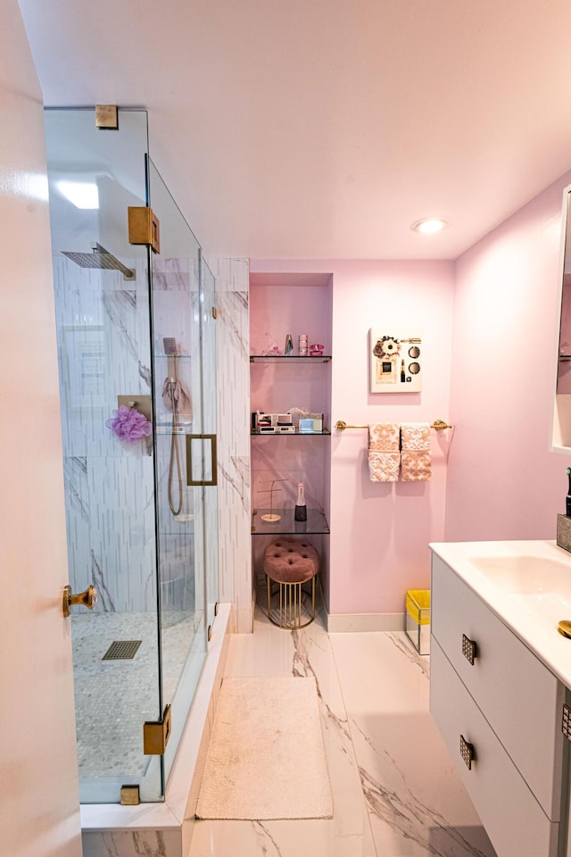1515 Augusta Cir Unit 116, Delray Beach, FL 33445 - bathroom featuring vanity, a shower stall, marble finish floors, and recessed lighting