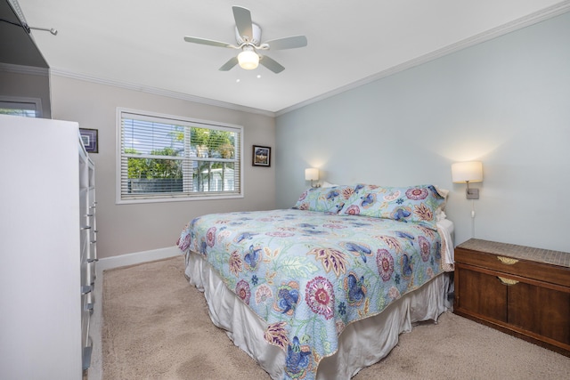 149 SW Grimaldo Ter, Port Saint Lucie, FL 34984 - bedroom featuring carpet flooring, baseboards, ornamental molding, and ceiling fan