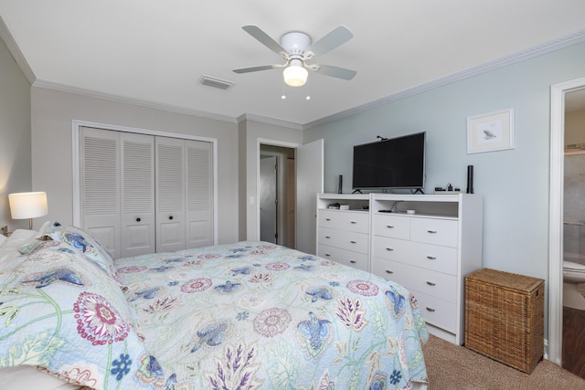 149 SW Grimaldo Ter, Port Saint Lucie, FL 34984 - carpeted bedroom featuring a closet, crown molding, and ceiling fan