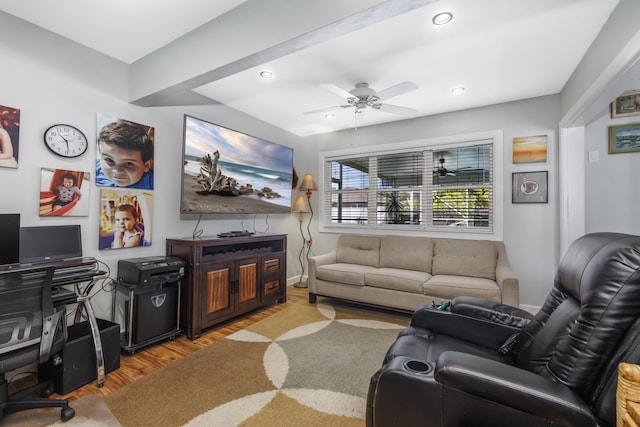 149 SW Grimaldo Ter, Port Saint Lucie, FL 34984 - living area featuring wood finished floors, a ceiling fan, baseboards, and recessed lighting