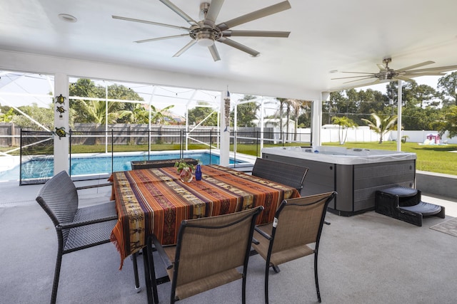149 SW Grimaldo Ter, Port Saint Lucie, FL 34984 - fenced backyard with a hot tub, ceiling fan, a patio, and a lanai