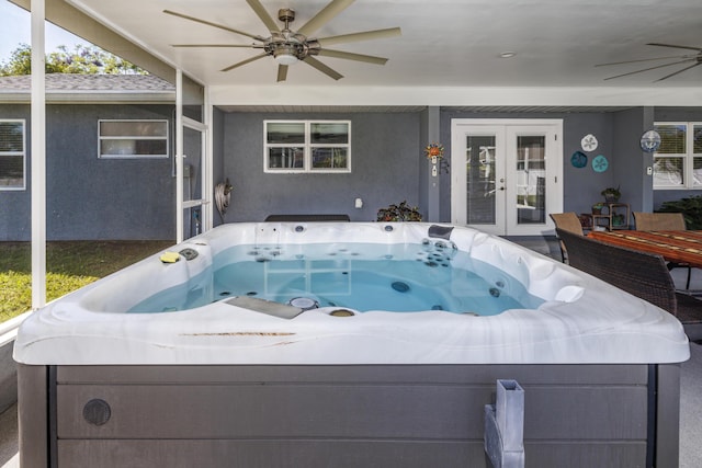 149 SW Grimaldo Ter, Port Saint Lucie, FL 34984 - view of pool with a ceiling fan, a hot tub, and french doors