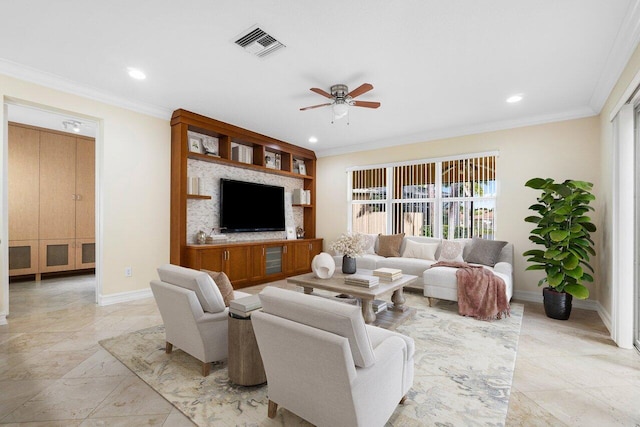 8440 Serena Creek Ave, Boynton Beach, FL 33473 - living room featuring ceiling fan, baseboards, recessed lighting, and crown molding