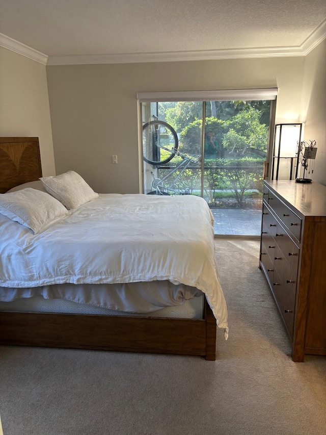 bedroom with light carpet, access to exterior, and crown molding