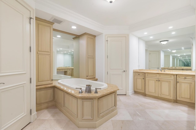 3309 S Flagler Dr, West Palm Beach, FL 33405 - bathroom featuring vanity, a bath, crown molding, and recessed lighting