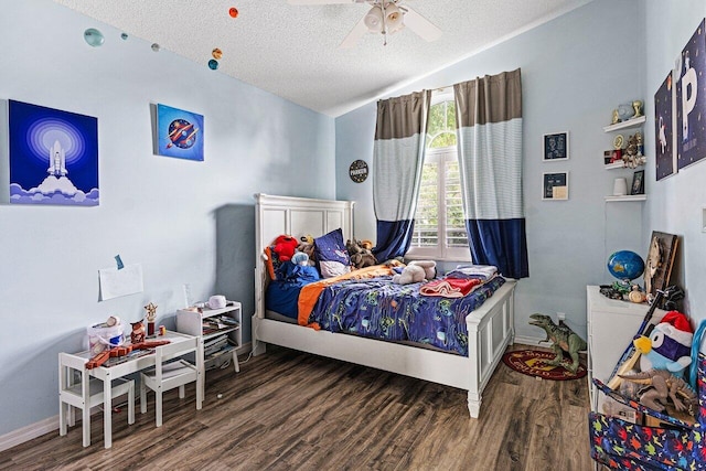 5350 Casa Real Dr, Delray Beach, FL 33484 - bedroom with vaulted ceiling, wood finished floors, a textured ceiling, baseboards, and ceiling fan
