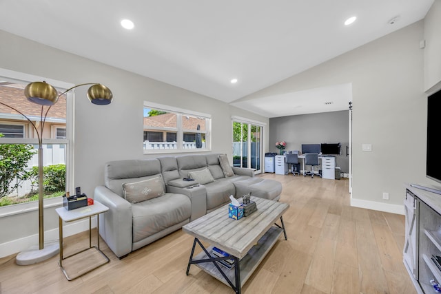 8076 Sweetbriar Way, Boca Raton, FL 33496 - living area with light wood-type flooring, an office area, baseboards, lofted ceiling, and recessed lighting