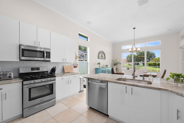 225 NW Magnolia Lakes Blvd, Port Saint Lucie, FL 34986 - kitchen with appliances with stainless steel finishes, a sink, crown molding, a chandelier, and tasteful backsplash