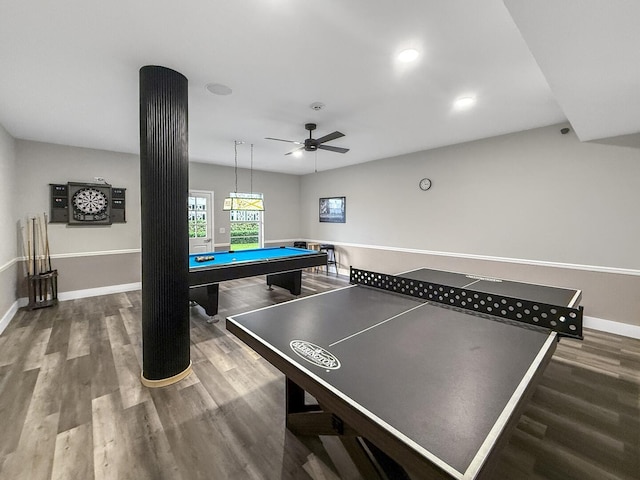 3570 S Ocean Blvd Unit 506, South Palm Beach, FL 33480 - rec room featuring wood finished floors, ceiling fan, baseboards, and billiards table