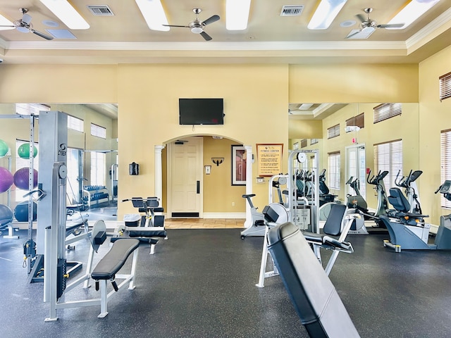 6511 Emerald Dunes Dr Unit 308, West Palm Beach, FL 33411 - workout area with ceiling fan, ornamental molding, healthy amount of natural light, and baseboards