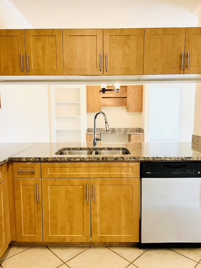 6511 Emerald Dunes Dr Unit 308, West Palm Beach, FL 33411 - kitchen featuring dishwashing machine, a sink, stone countertops, light tile patterned floors, and ornamental molding