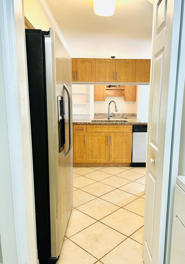 6511 Emerald Dunes Dr Unit 308, West Palm Beach, FL 33411 - kitchen featuring stainless steel refrigerator with ice dispenser, dishwasher, a sink, light tile patterned floors, and light stone countertops