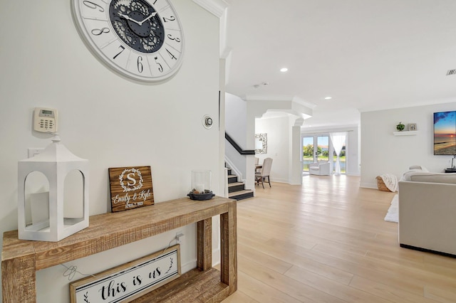 9800 Stover Way, Wellington, FL 33414 - corridor with stairs, decorative columns, light wood-type flooring, recessed lighting, and baseboards