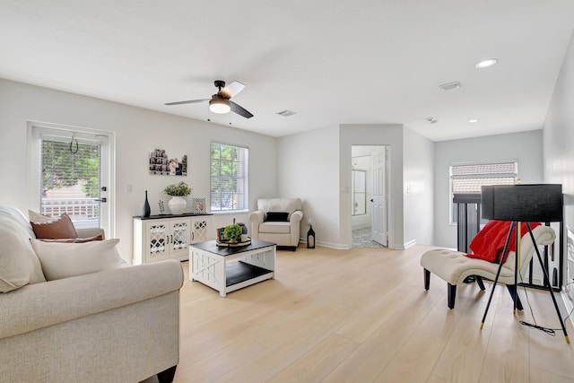 9800 Stover Way, Wellington, FL 33414 - living room with light wood finished floors, a ceiling fan, recessed lighting, and baseboards