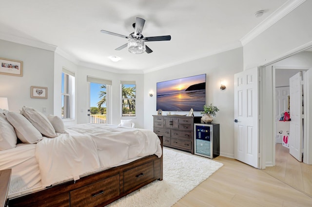 9800 Stover Way, Wellington, FL 33414 - bedroom featuring ornamental molding, light wood-type flooring, access to exterior, and ceiling fan
