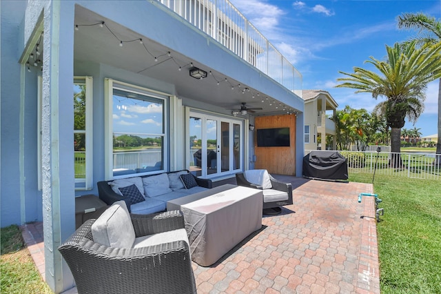 9800 Stover Way, Wellington, FL 33414 - view of patio with an outdoor living space, french doors, ceiling fan, grilling area, and a balcony
