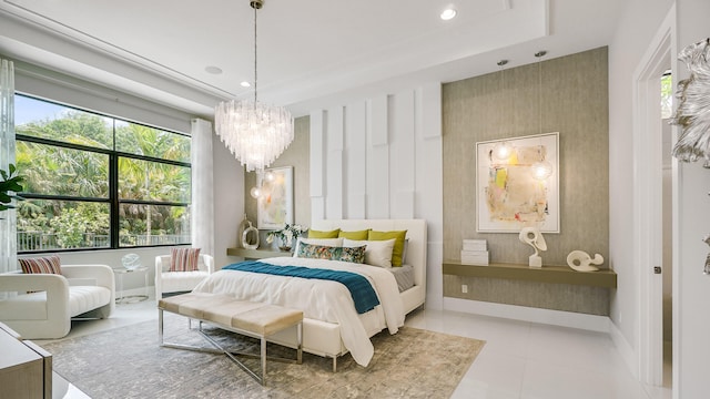 13206 Faberge Pl, Palm Beach Gardens, FL 33418 - bedroom with a chandelier, recessed lighting, baseboards, and a tray ceiling