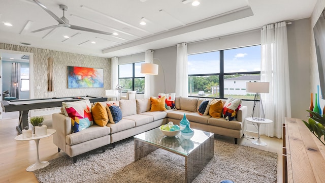 13206 Faberge Pl, Palm Beach Gardens, FL 33418 - living room featuring ceiling fan, wood finished floors, recessed lighting, and wallpapered walls