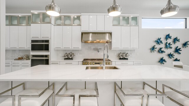 13206 Faberge Pl, Palm Beach Gardens, FL 33418 - kitchen with under cabinet range hood, tasteful backsplash, modern cabinets, a breakfast bar, and white cabinets