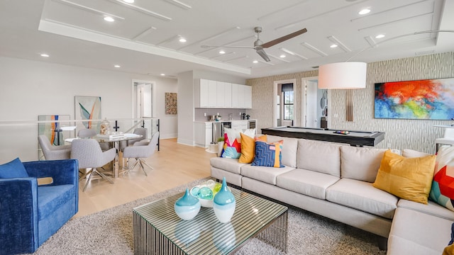 13206 Faberge Pl, Palm Beach Gardens, FL 33418 - living room with ceiling fan, light wood-type flooring, pool table, recessed lighting, and baseboards