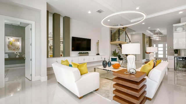 13206 Faberge Pl, Palm Beach Gardens, FL 33418 - living room featuring beverage cooler, recessed lighting, stairs, light tile patterned flooring, and baseboards