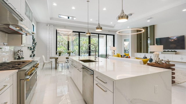 13206 Faberge Pl, Palm Beach Gardens, FL 33418 - kitchen featuring appliances with stainless steel finishes, a sink, under cabinet range hood, white cabinetry, and recessed lighting