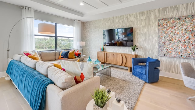 13206 Faberge Pl, Palm Beach Gardens, FL 33418 - living area featuring wallpapered walls, baseboards, wood finished floors, and recessed lighting