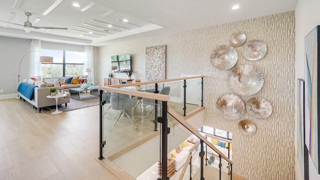 13206 Faberge Pl, Palm Beach Gardens, FL 33418 - living area with wallpapered walls, ceiling fan, wood finished floors, recessed lighting, and baseboards
