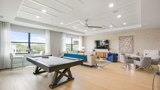 13206 Faberge Pl, Palm Beach Gardens, FL 33418 - recreation room featuring wallpapered walls, light wood-type flooring, pool table, ceiling fan, and recessed lighting