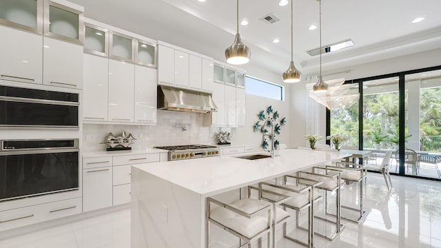 13206 Faberge Pl, Palm Beach Gardens, FL 33418 - kitchen with under cabinet range hood, backsplash, white cabinetry, modern cabinets, and light countertops