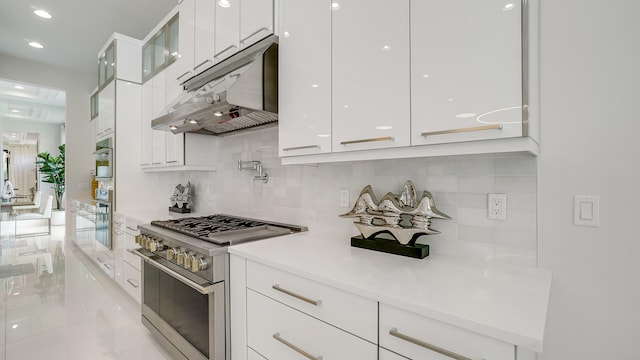 13206 Faberge Pl, Palm Beach Gardens, FL 33418 - kitchen featuring double oven range, modern cabinets, white cabinets, under cabinet range hood, and tasteful backsplash