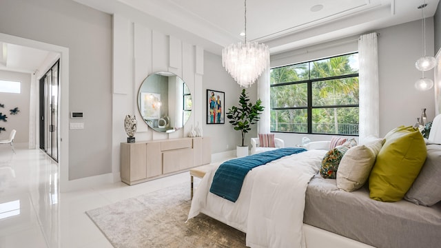 13206 Faberge Pl, Palm Beach Gardens, FL 33418 - bedroom with a chandelier, a raised ceiling, light tile patterned floors, and baseboards