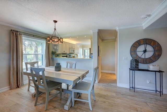 2641 NE Ocean Blvd Unit 106, Stuart, FL 34996 - dining space featuring a textured ceiling, ornamental molding, plenty of natural light, a chandelier, and light wood-style floors