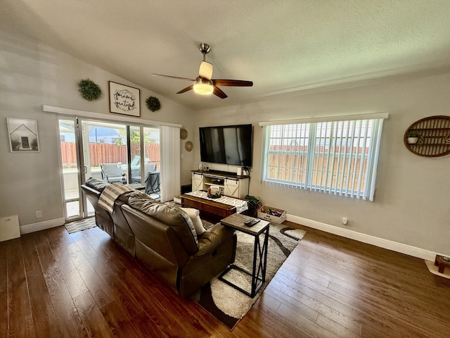 8421 SW 41st Ct, Davie, FL 33328 - living room with ceiling fan, hardwood / wood-style floors, vaulted ceiling, and a textured ceiling