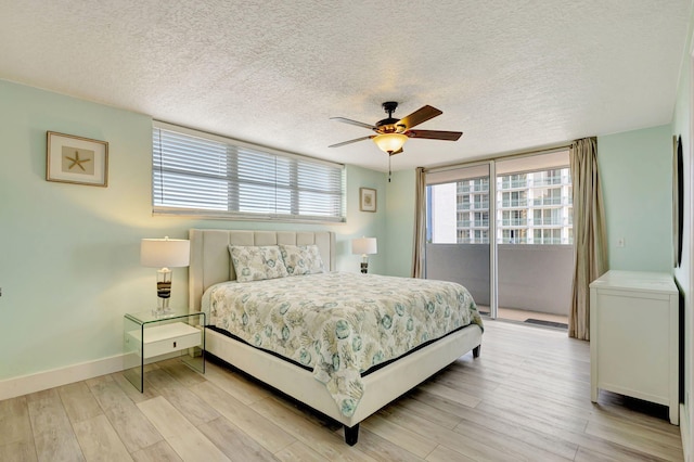 3640 N Ocean Dr Unit 427, Singer Island, FL 33404 - bedroom featuring a textured ceiling, light wood-type flooring, baseboards, a ceiling fan, and access to exterior